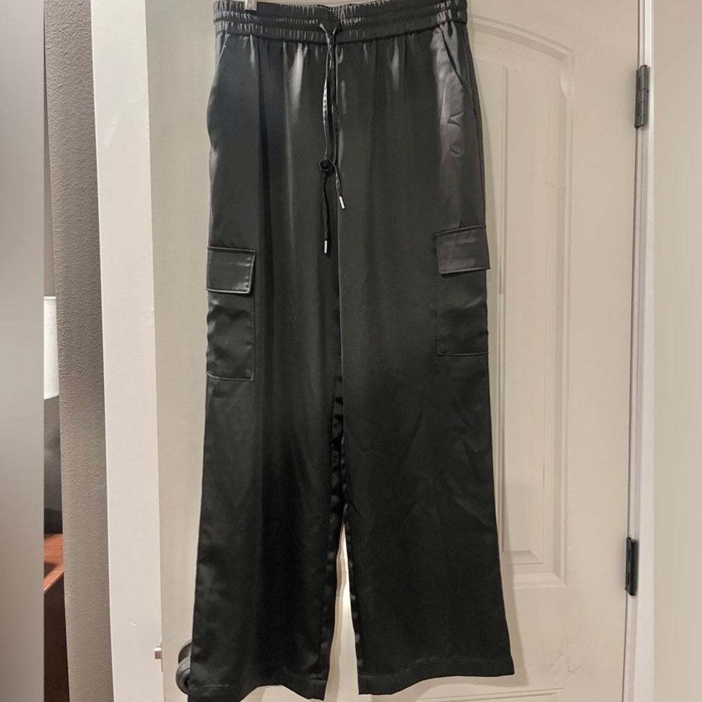Rachel Zoe Satin Wide Leg Cargo Pants Black